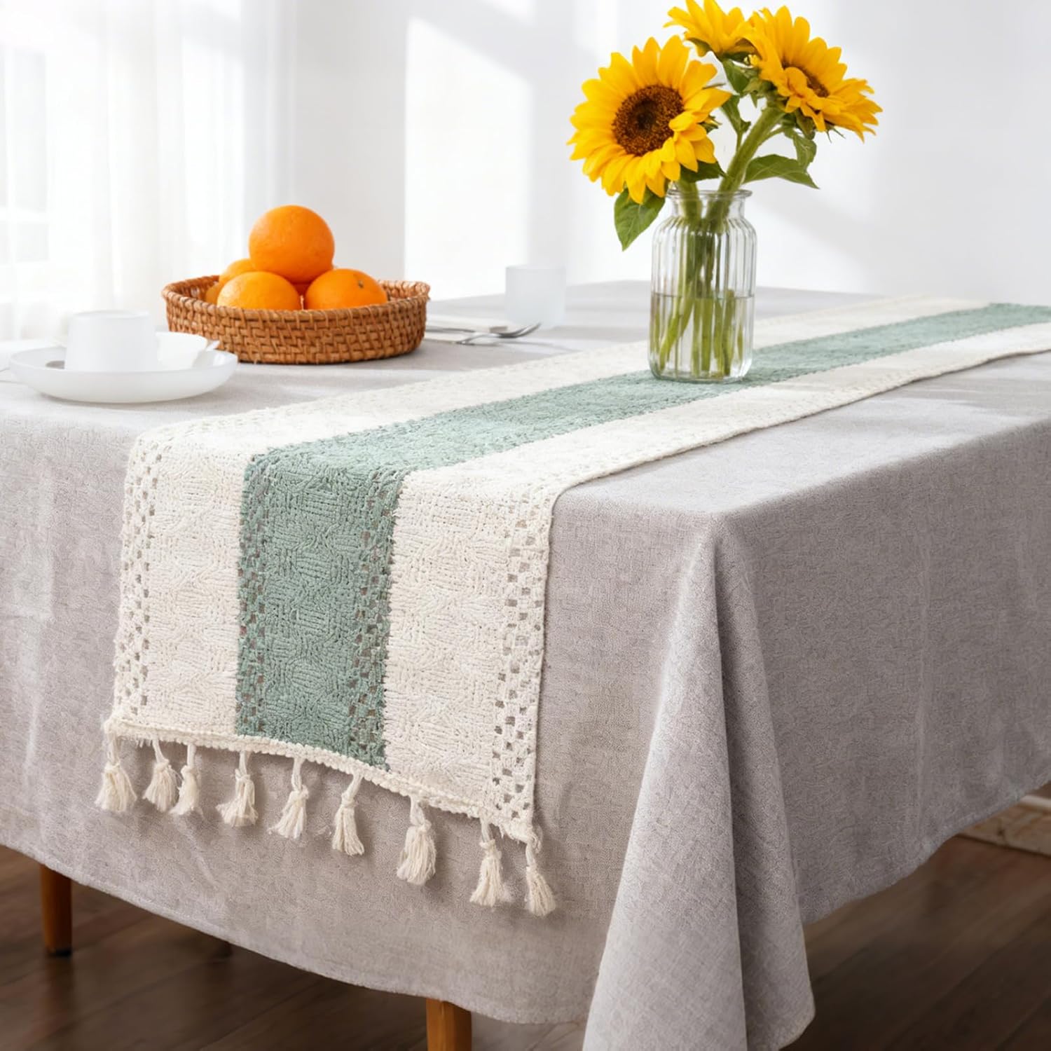 Thumbnail 1 de Tischläufer Grün Boho Eukalyptus – 30 × 140 cm, handgewebt mit Spitze, waschbar