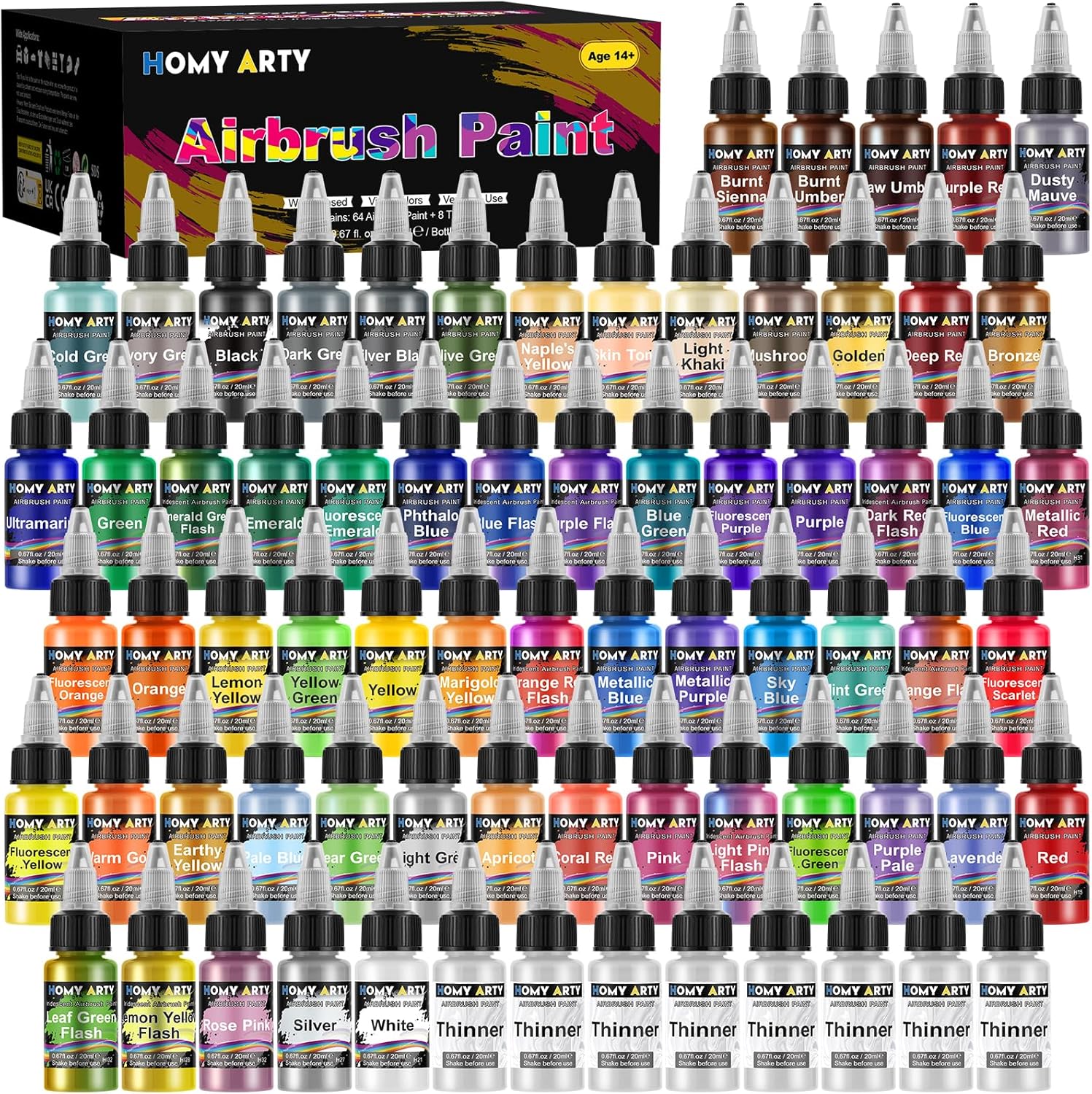 Thumbnail 6 de HOMY ARTY Peinture à L'aérographe – 43 couleurs et 5 diluants, set complet pour miniatures, modèles et surfaces variées