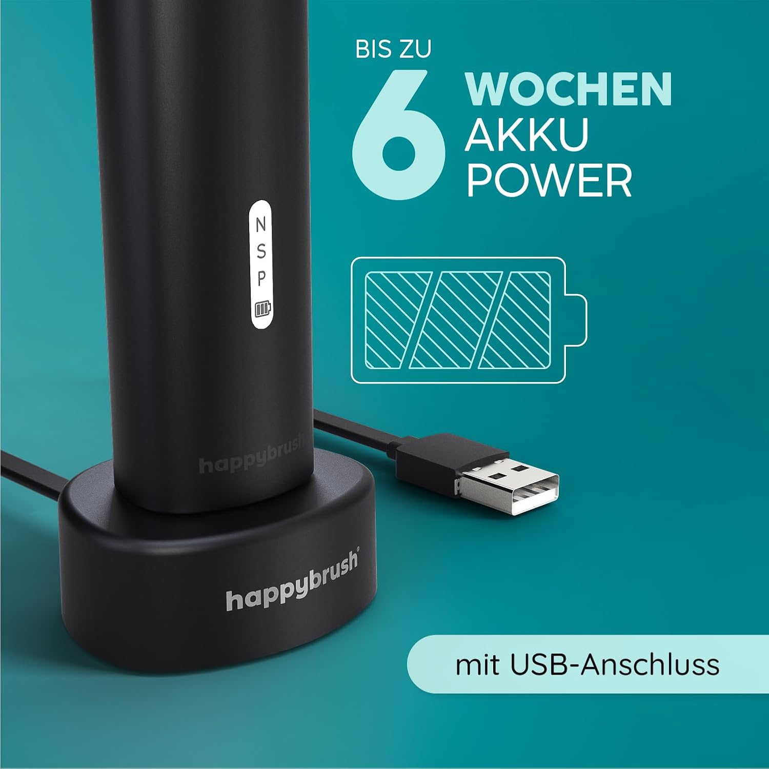 Detalle de happybrush® Schallzahnbürste Eco Vibe 3 (Black) – Ultraschall-Zahnbürste mit 8‑Wochen‑Power-Akku