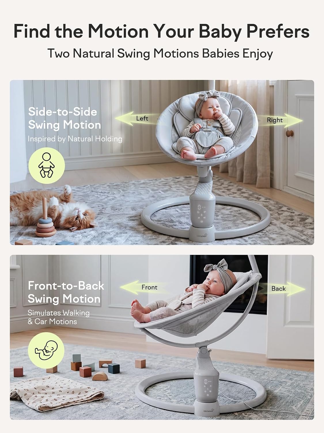 Detalle 2 de Grownsy Baby Swing with Dual Motion, 5 Speeds and 270° Rotation
