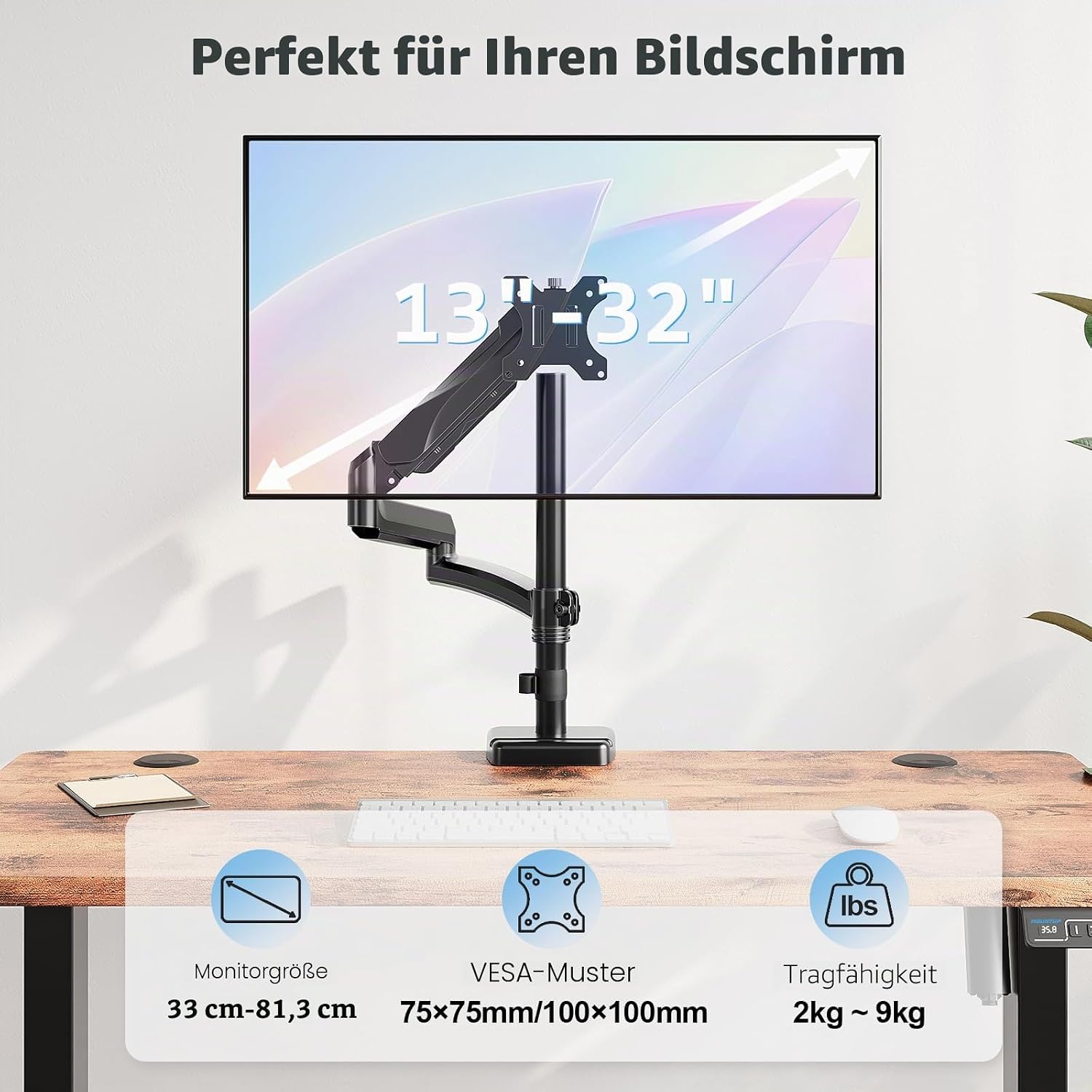 Detalle 2 de MOUNTUP 705 mm Langarm Monitorhalterung für 13–32 Zoll (EU6021B) – Einzelarm bis 9 kg