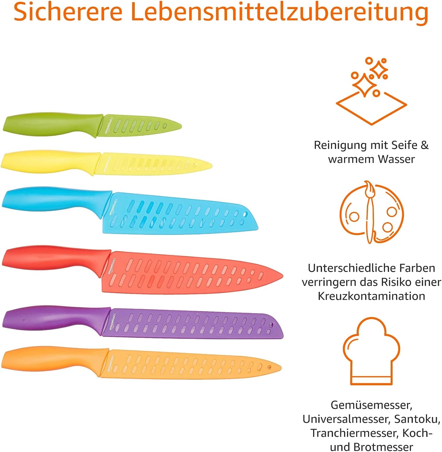 Detalle de Amazon Basics Messer-Set, bunt, 12-teilig – vielseitiges Küchen-Set mit Farbcodierung