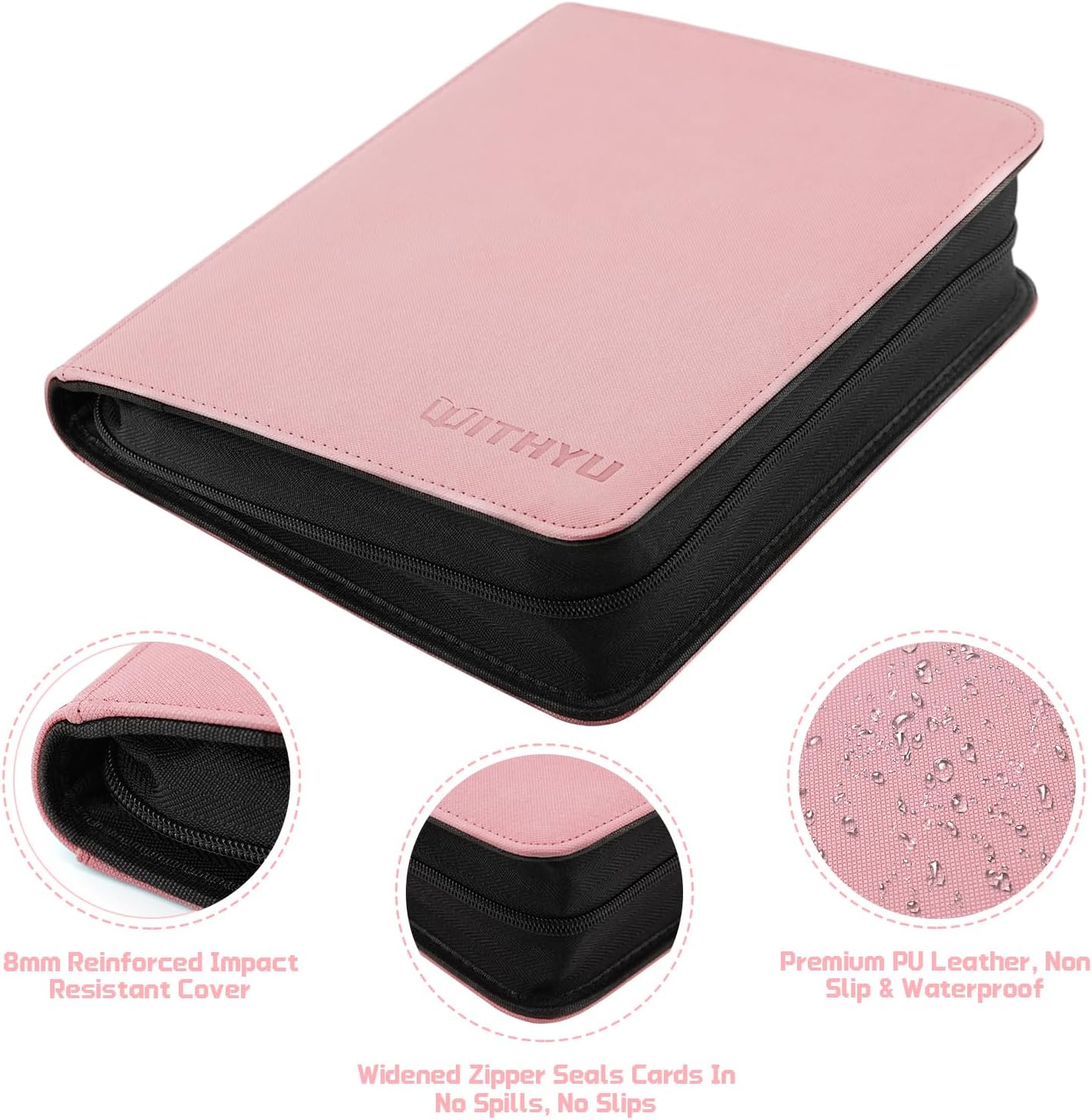 Detalle de WITHYU Toploader Binder Holds 128 Top Loaders – 4-Pocket Ringless Card Binder in Pink
