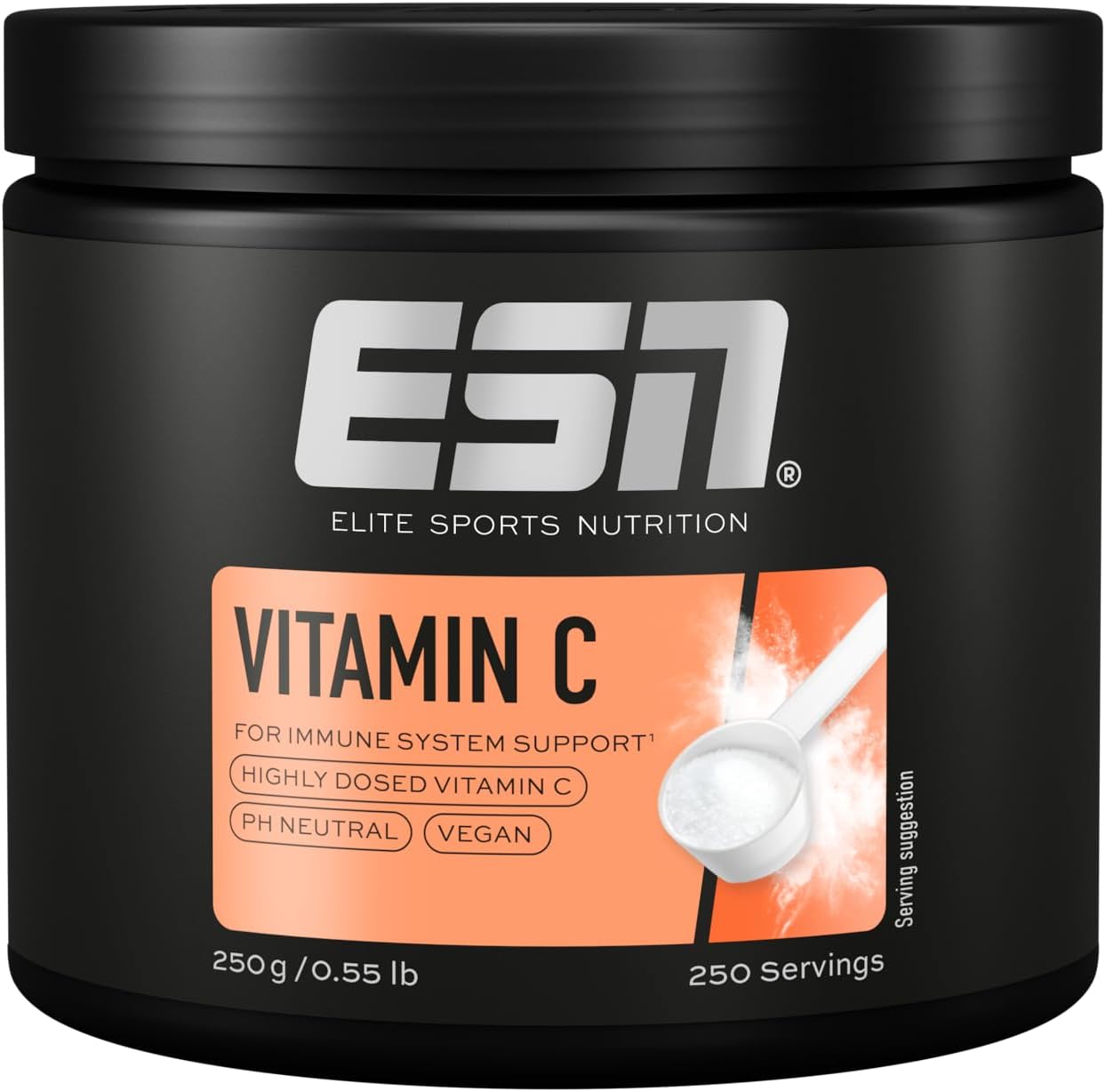Detalle de ESN Vitamine C, poudre 250 g – vitamine C tamponnée au calcium, soluble et vegan, fabriquée en Allemagne