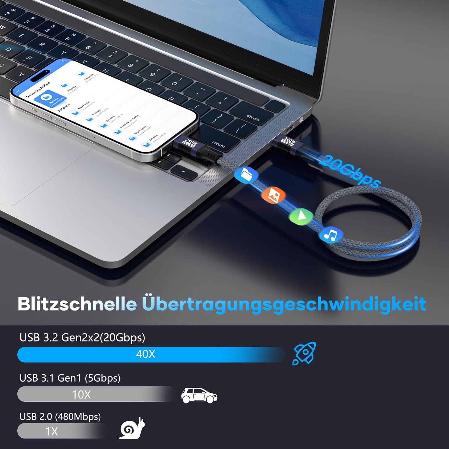 Detalle 2 de USB-C auf USB-C Kabel 1,5 m – 240 W PD 3.1, 20 Gbit/s, 5K/4K Videoübertragung