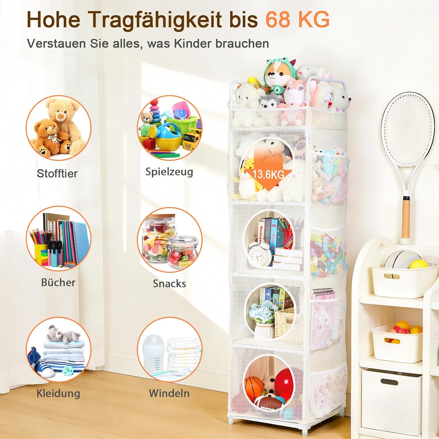 Thumbnail 5 de AXHOP Kuscheltier Aufbewahrung: 42×42×162 cm, 5 Etagen + 8 Netztaschen, Beige