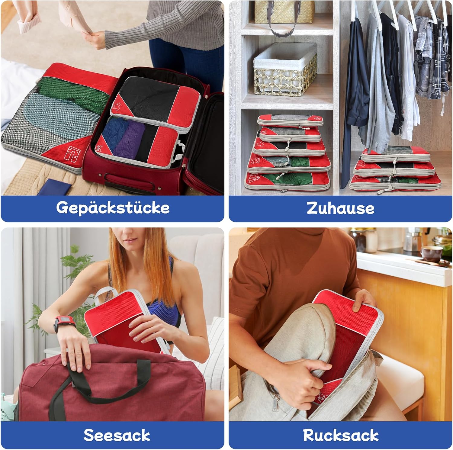 Thumbnail 6 de 5-teiliges Kompressions Packwürfel-Set für Reisen – Ultraleichte Koffer-Organizer aus Ripstop-Polyester (Rot)