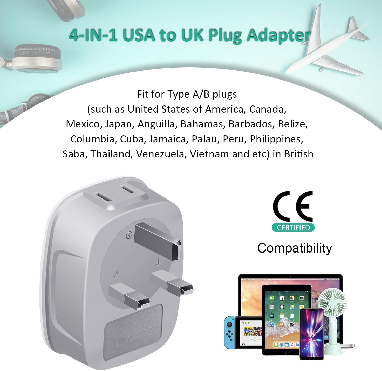 Detalle de US to UK Plug Adapter with 2 USB Ports – BEVA 2/3 Pin USA to 3 Pin UK Travel Adaptor