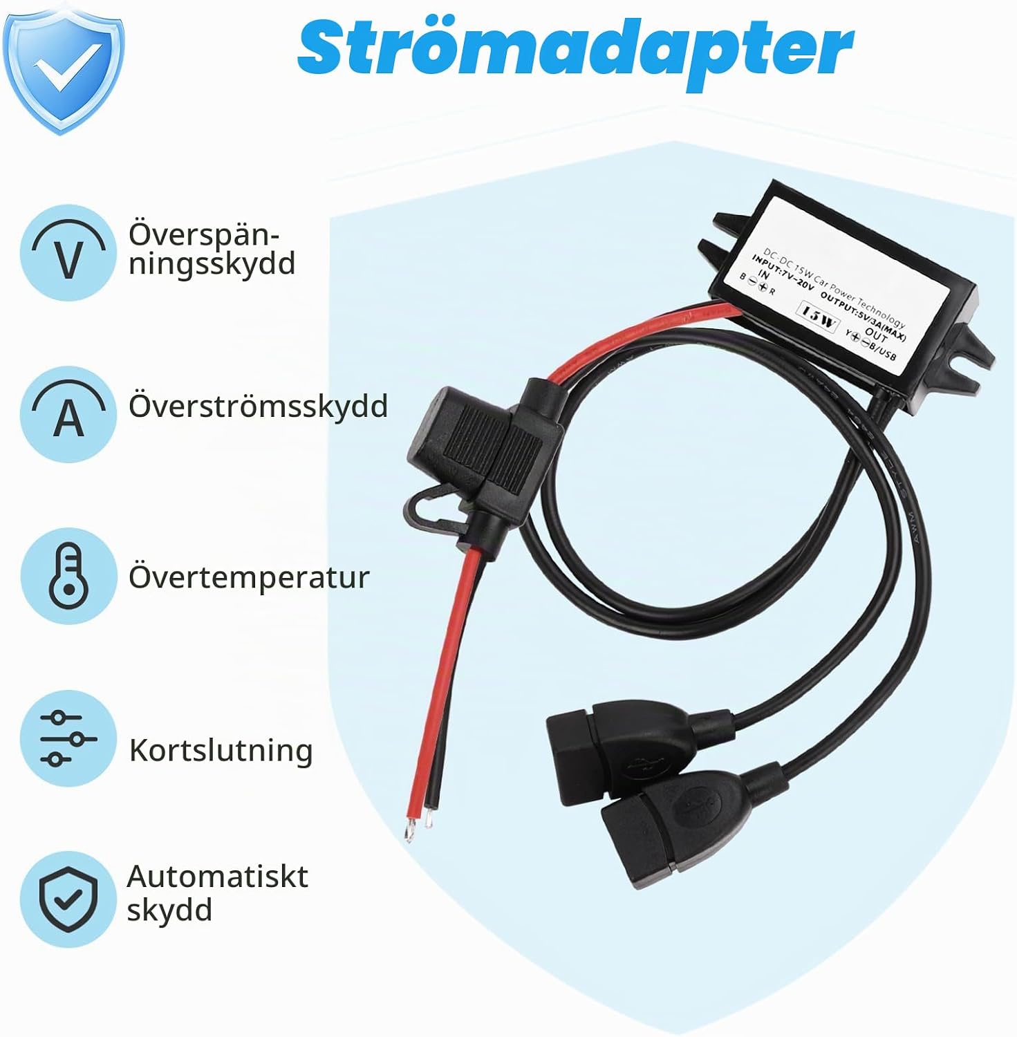 Detalle 2 de Heemol DualUSB 12 V till USB-adapter med dubbla portar, säkring och 15 W