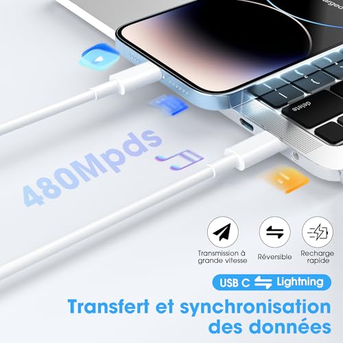 Detalle de BSTOEM Câble iPhone USB-C vers Lightning 1 m + 2 m – Certifié MFi