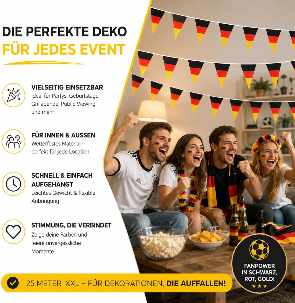 Detalle 2 de TK Gruppe Timo Klingler XXL Wimpelkette 5 Meter Deutschland – Fan-Deko, schwarz-rot-gold, für WM 2026