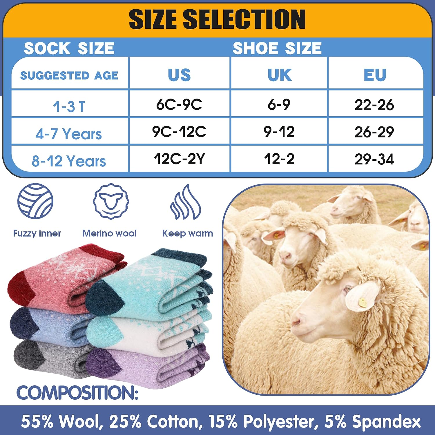 Detalle de ANTSANG Kids Merino Wool Hiking Socks, 6 Pairs, Full Cushioning