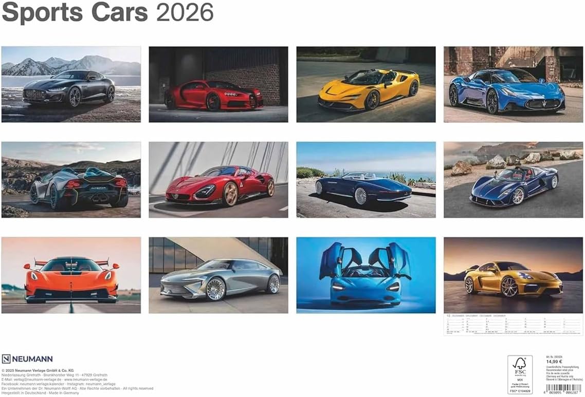 Detalle de Sports Cars Kalender 2026 von N Neumann – Wandkalender DIN A3 mit 12 Luxusauto-Motiven