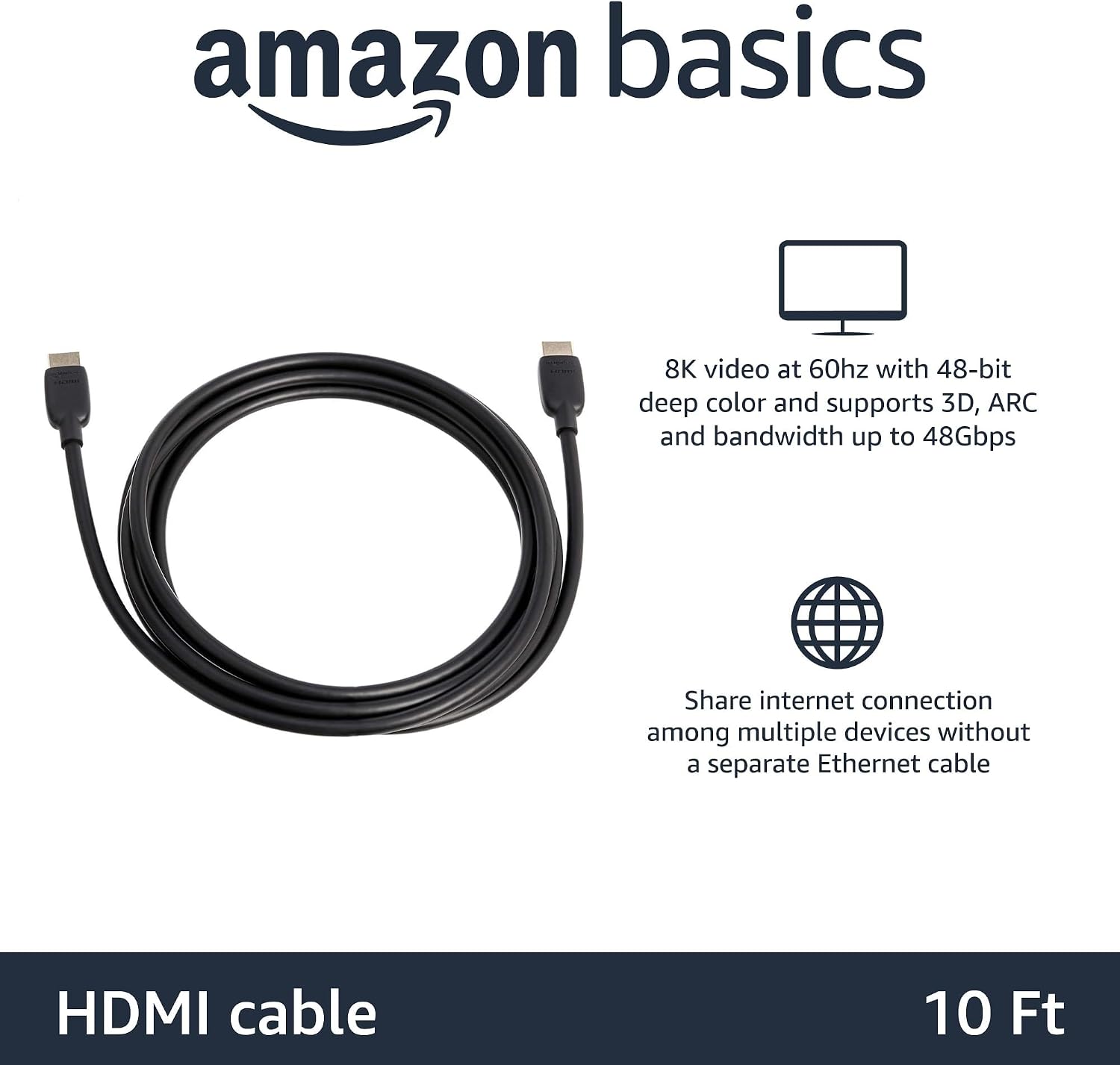 Detalle de Amazonベーシック HDMI2.1-BLACK-10FT-BASIC HDMIケーブル 3.0m、48Gbps・8K/60Hz・4K/120Hz対応