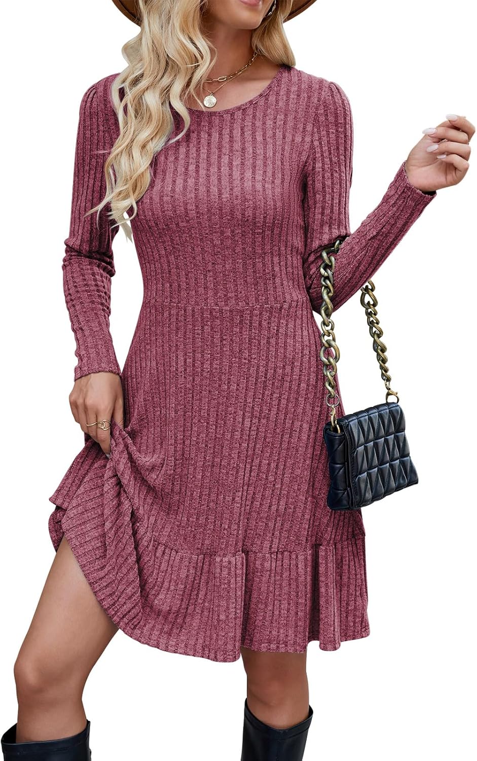 Thumbnail 1 de Zetieny Strickkleid für Damen mit A-Linien-Schnitt und Rundhalsausschnitt – Langarm, knielang für Herbst/Winter