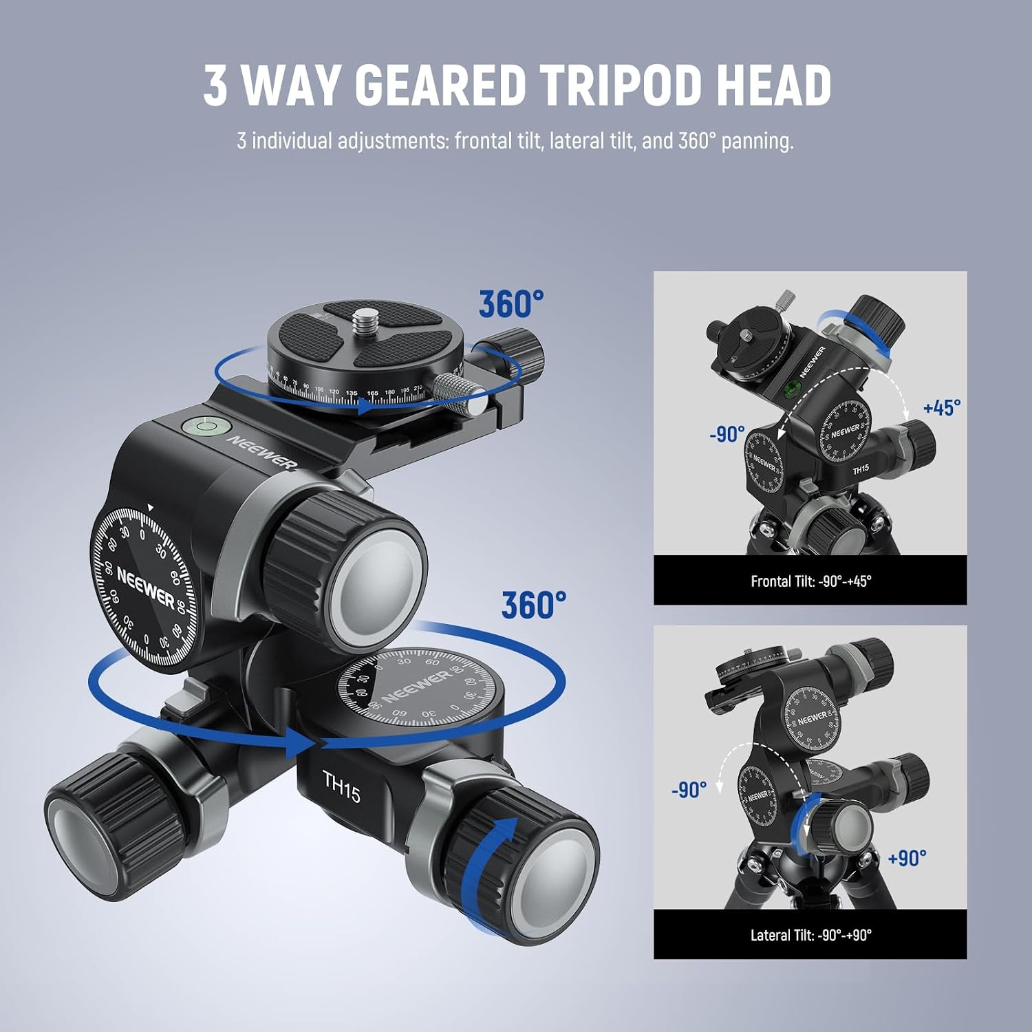 Thumbnail 1 de NEEWER TH15 3-Way Geared Tripod Head with Gears – 3-Axis Pan Tilt in Aluminium