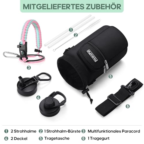 Detalle 2 de HydroPal 1.9L Edelstahl Isolierflasche mit Strohhalm – zwei Deckel, große Kapazität