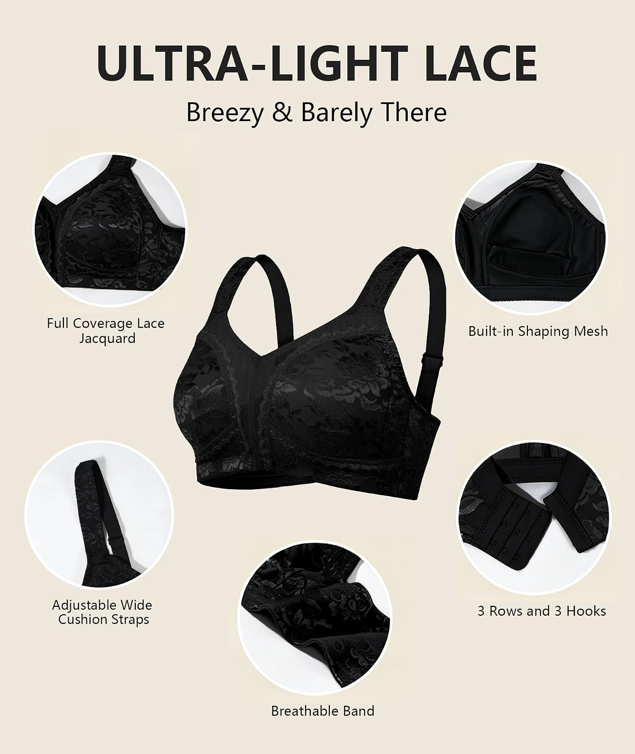 Detalle 2 de UPGAMR Full Coverage Minimizer Bras (Wirefree) – Lace Jacquard Plus Size Support, Large Bust