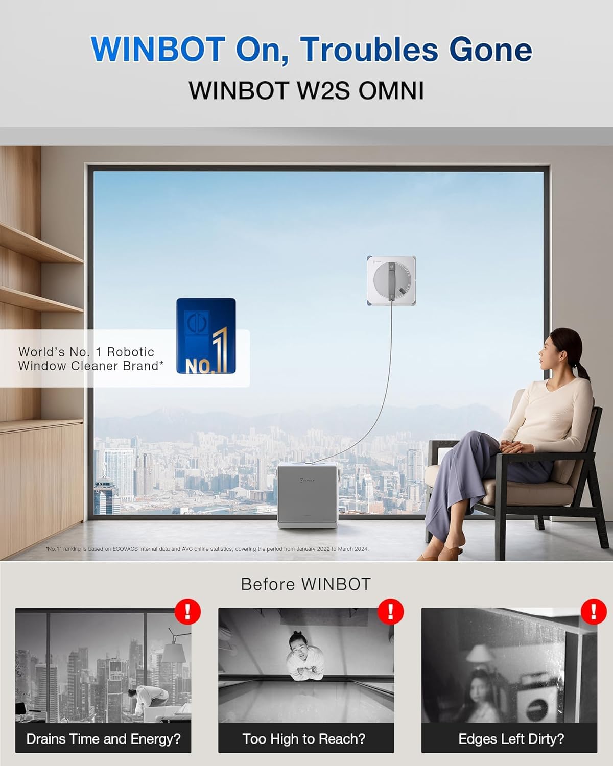 Detalle 2 de ECOVACS WINBOT W2S OMNI robotic window cleaner with Smart Station, TruEdge scrubber and app control
