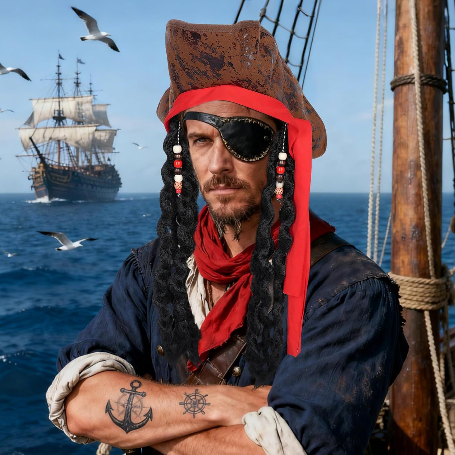 Detalle de Alaoo Pirate Costume Accessories Set with Captain Accessories: Bandana, Eye Patch, Anchor Pendant Chain