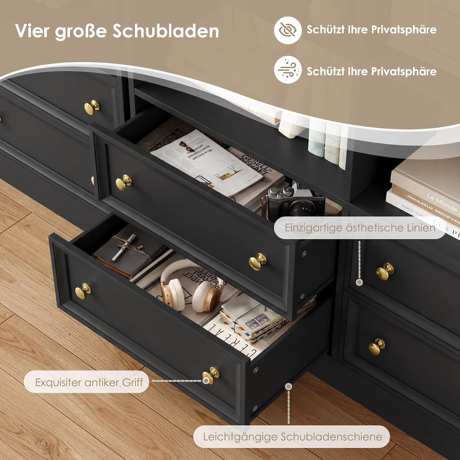 Thumbnail 6 de FirFurd P124 Bookcase, 8 Compartments and 4 Drawers, Black, 100 x 30 x 180 cm