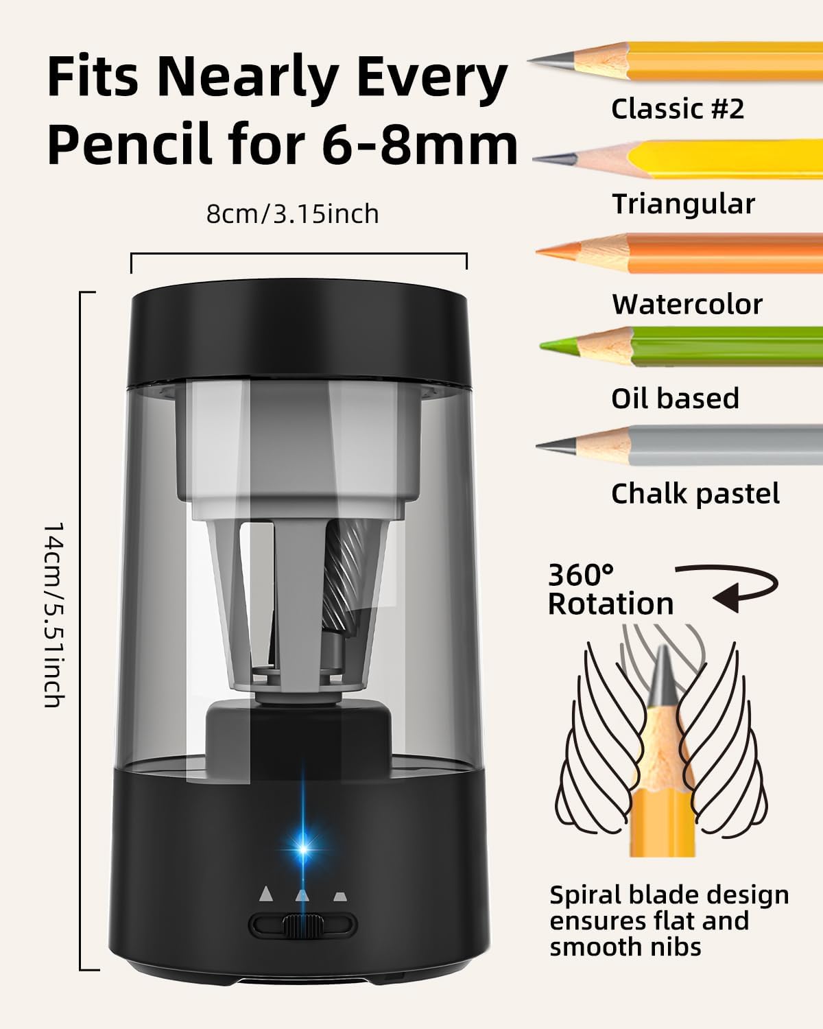 Thumbnail 3 de ZMOL Full Automatic Electric Pencil Sharpener – 6-8 mm, Rechargeable with Container (Black)