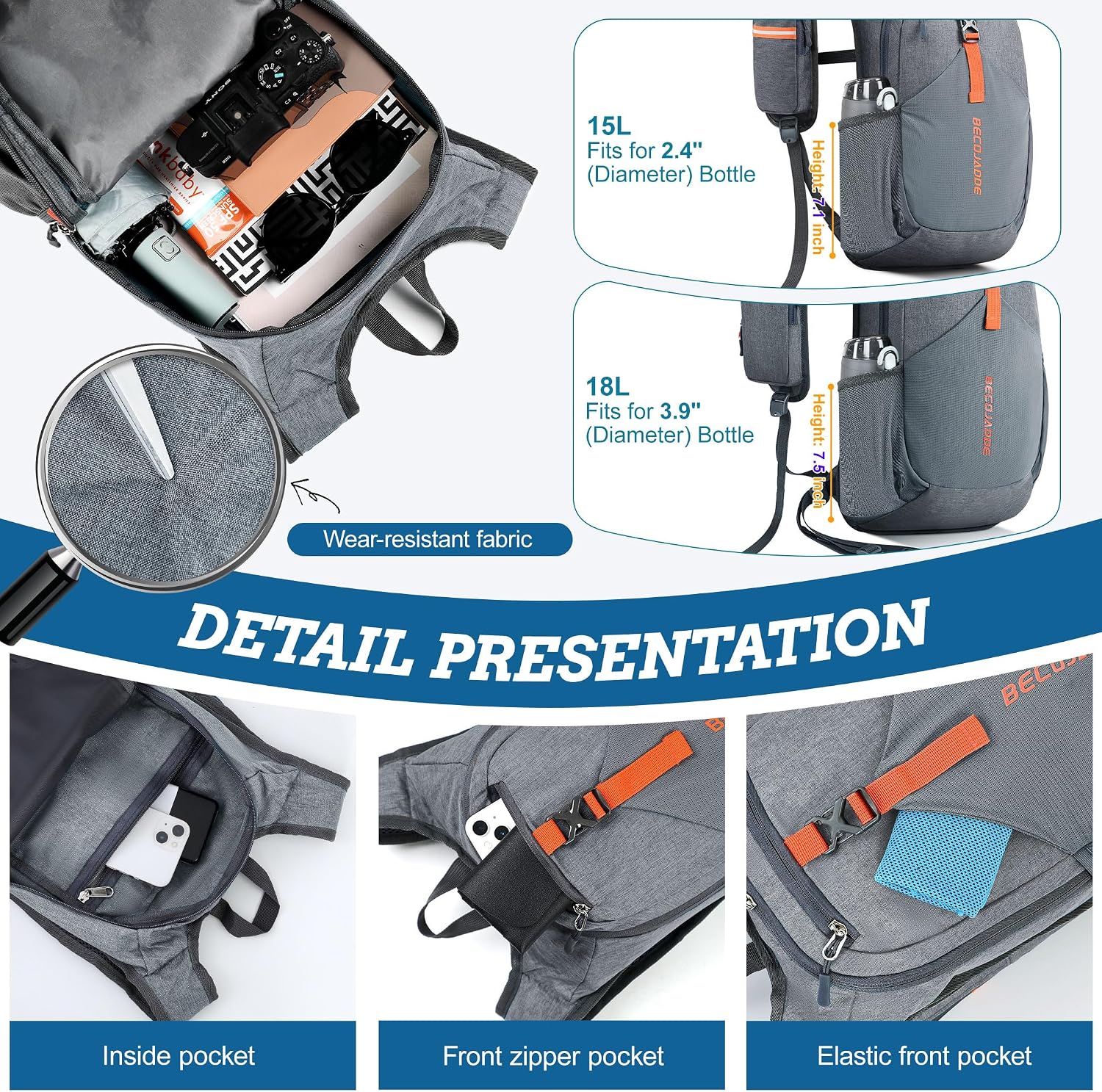 Detalle de BECOJADDE 15L Foldable Hiking Backpack with Chest Belt & Phone Pocket (Grey)