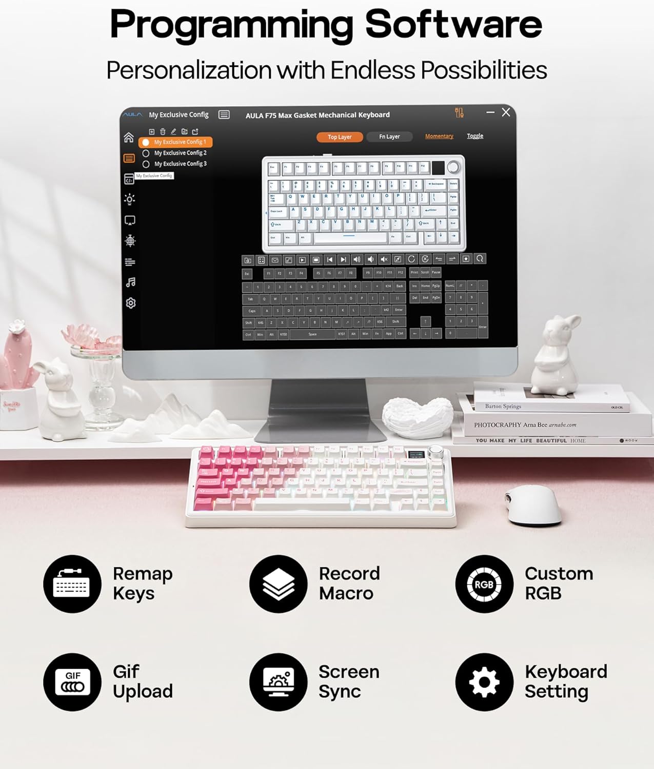 Thumbnail 6 de EPOMAKER X Aula F75 MAX mechanische Gaming-Tastatur (75 %), TFT-Display, Drehregler & Hot-Swap – QWERTY US (Weiß/Rosa)