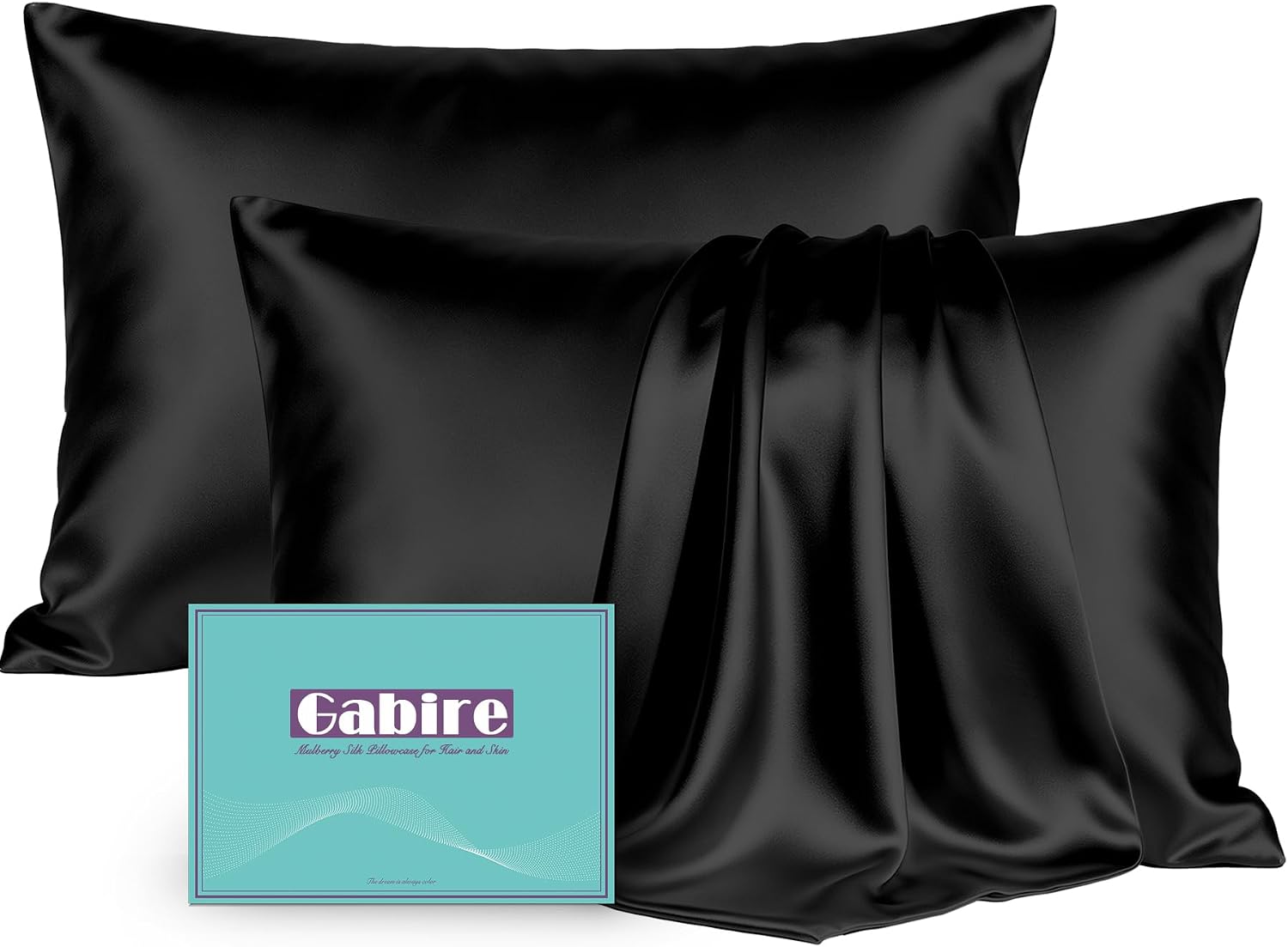Detalle de Gabire Mulberry Silk Pillow Cases (Set of 2) with Hidden Zipper, Black, Standard 20"×26