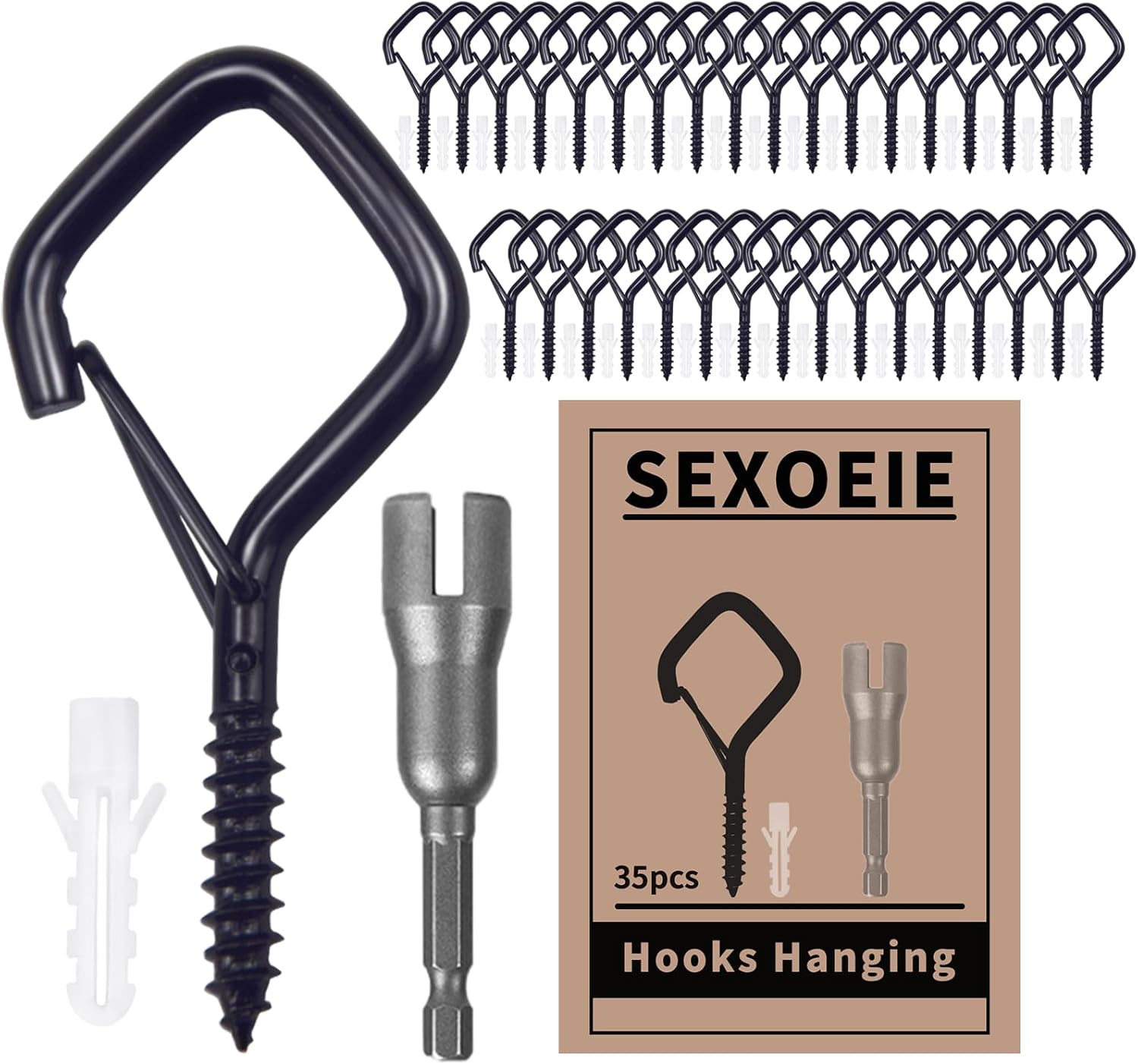 Detalle de Sexoeie LXG03 Eye Screw Hooks, 35-Pack, Black Metal with Safety Buckle