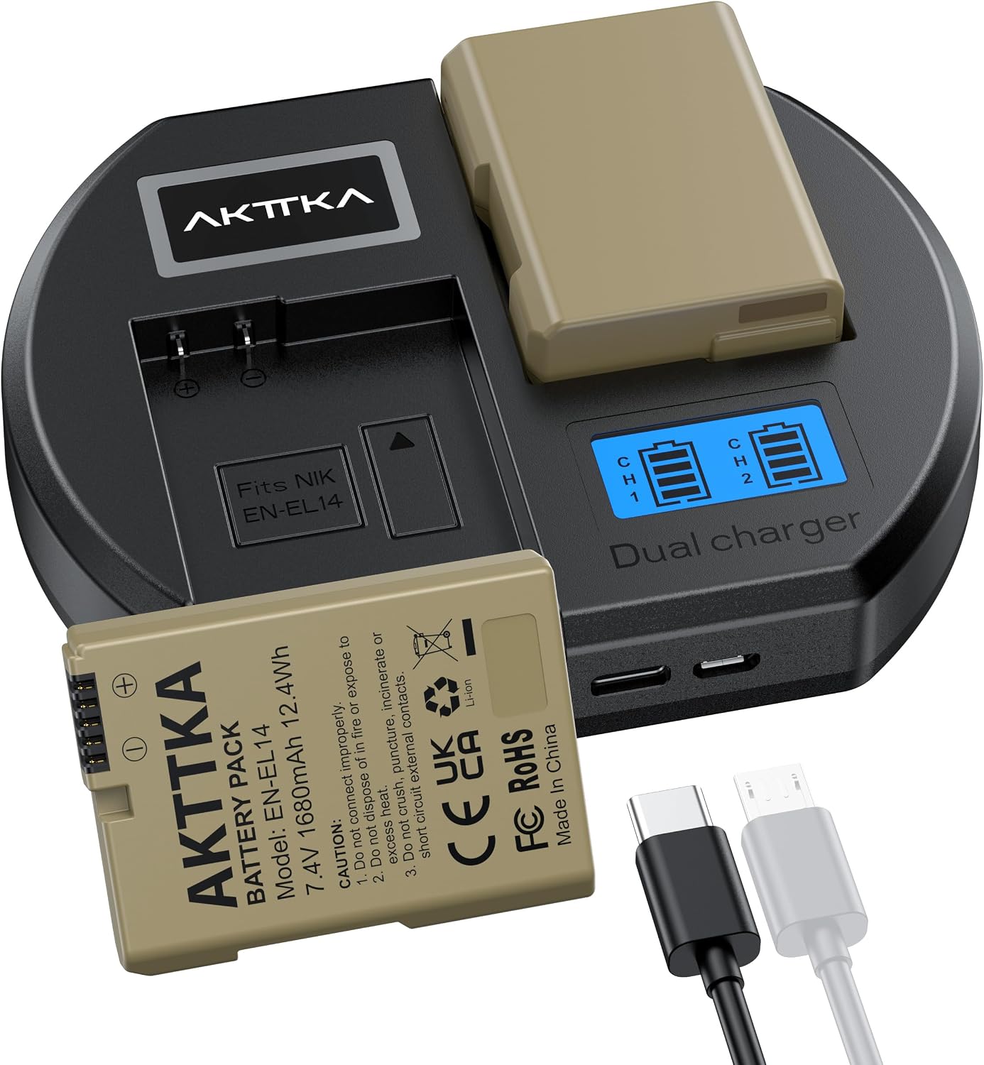 Detalle de AKTTKA EN-EL14 Battery 1680mAh 2-Pack & Caricatore PD10W Rotondo per Nikon DSLR (D3100–Df)