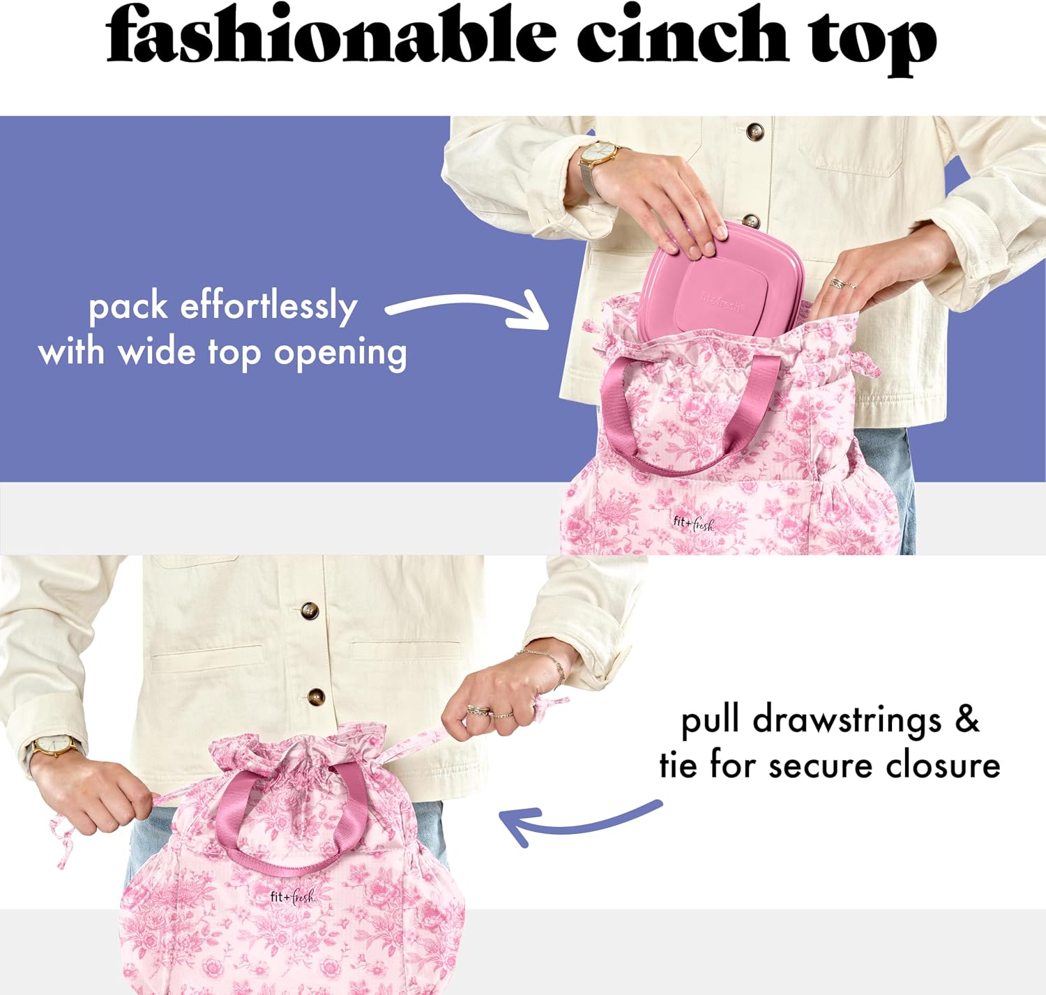 Thumbnail 2 de Fit & Fresh Cromwell Drawstring Lunch Bag Set for Women (Pink Floral Toile) with 2 Containers