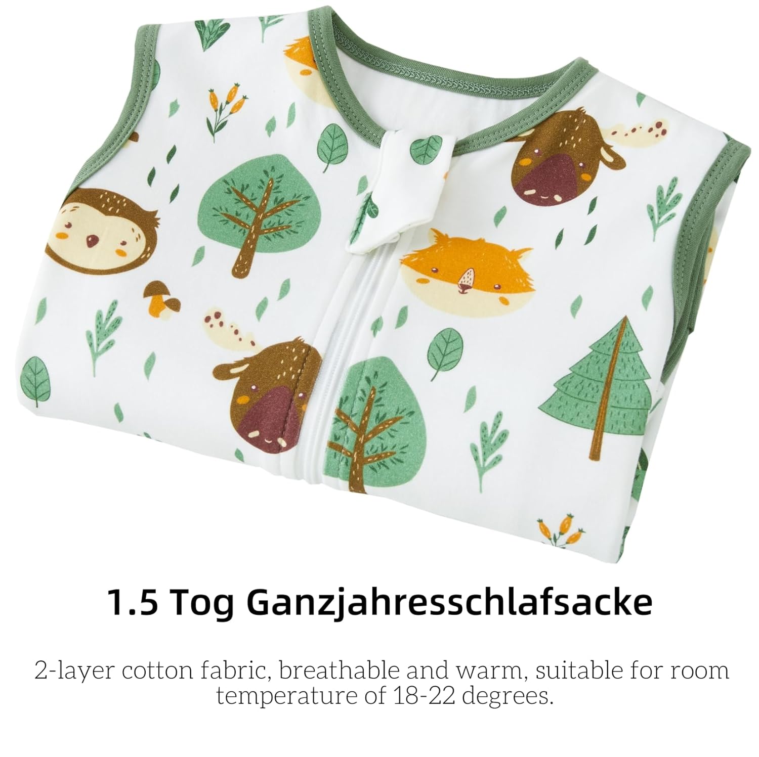 Detalle 2 de Chilsuessy Baby Schlafsack mit Füßen 1.5 Tog – Ganzjahres Schlafsack aus Baumwolle (70–100 cm, Füße, Waldtiere)