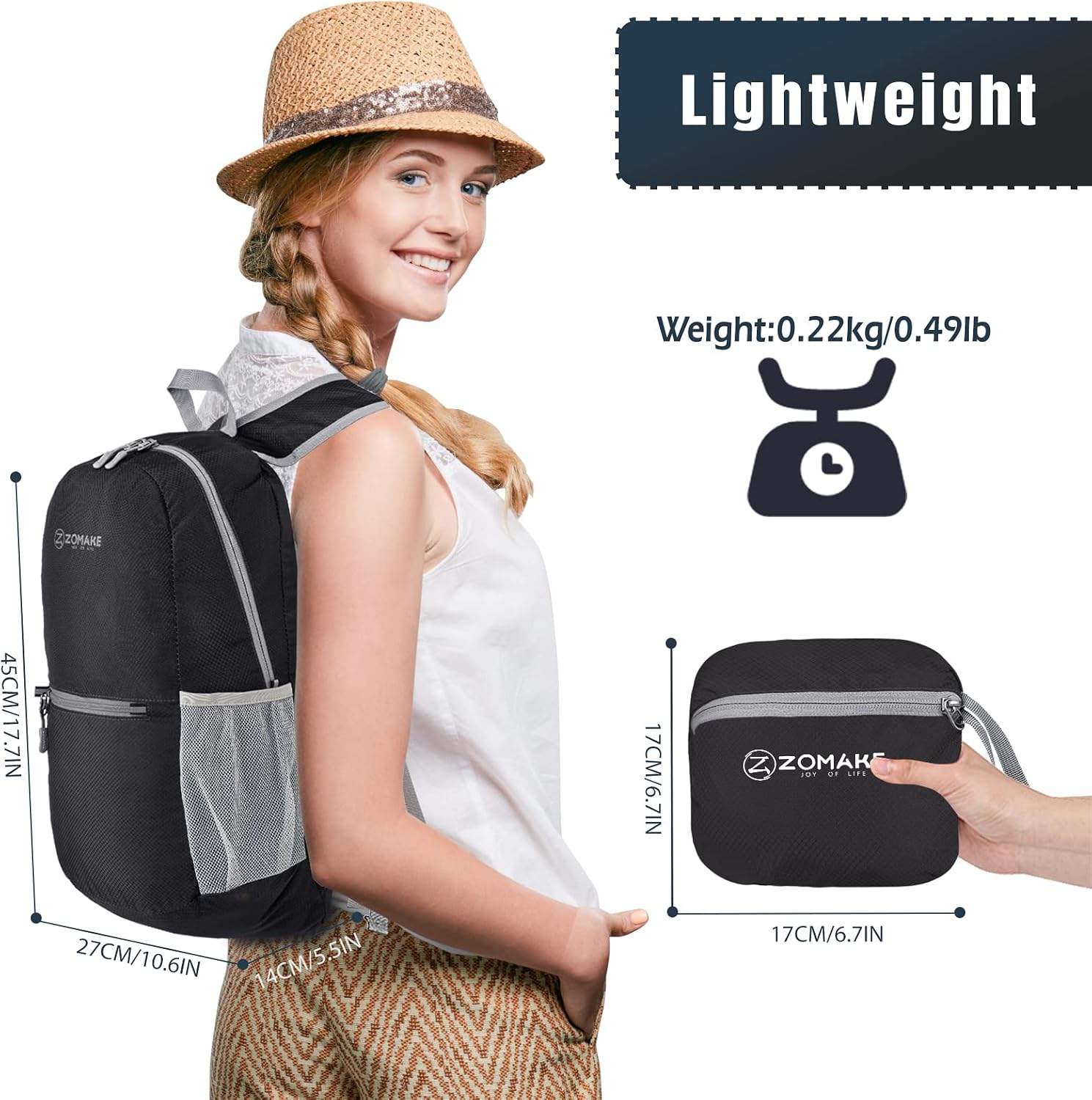 Detalle 2 de ZOMAKE Lightweight Foldable Backpack 20L – packable rucksack for travel, hiking and everyday carry