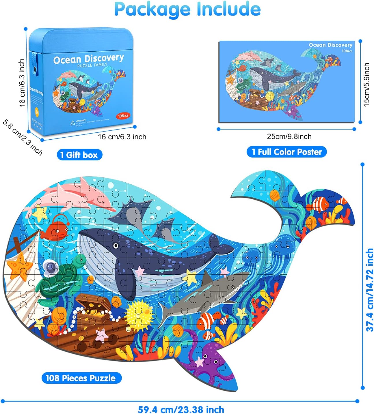 Thumbnail 1 de Ocean Whale Puzzle for Kids 4-10, 108 Large Thick Pieces – Non-Toxic Recycled Cardboard