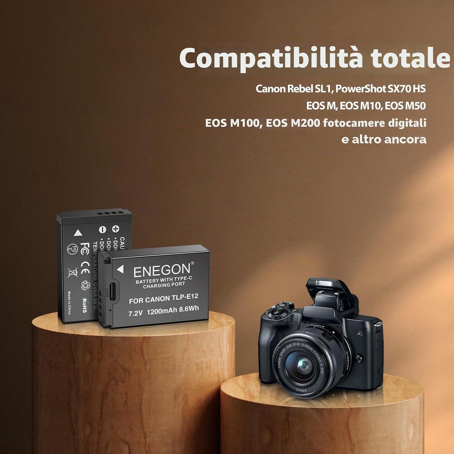 Thumbnail 4 de ENEGON LP-E12 Batterie di Ricambio con Ricarica Diretta USB-C (2x 1200mAh) + Cavo 2-in-1 per Canon Rebel SL1 e EOS/M Series