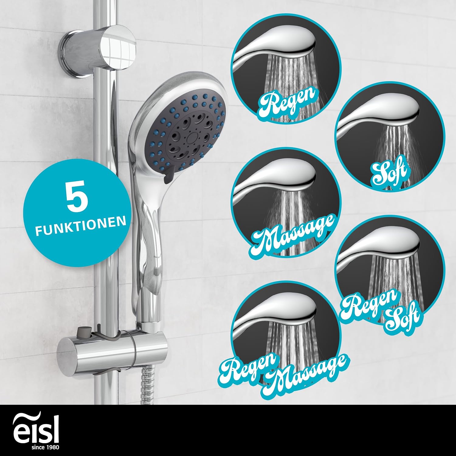 Thumbnail 1 de EISL WELLY DX6051 Pommeau de douche réglable en 5 positions avec joint d'économie d'eau – chromé