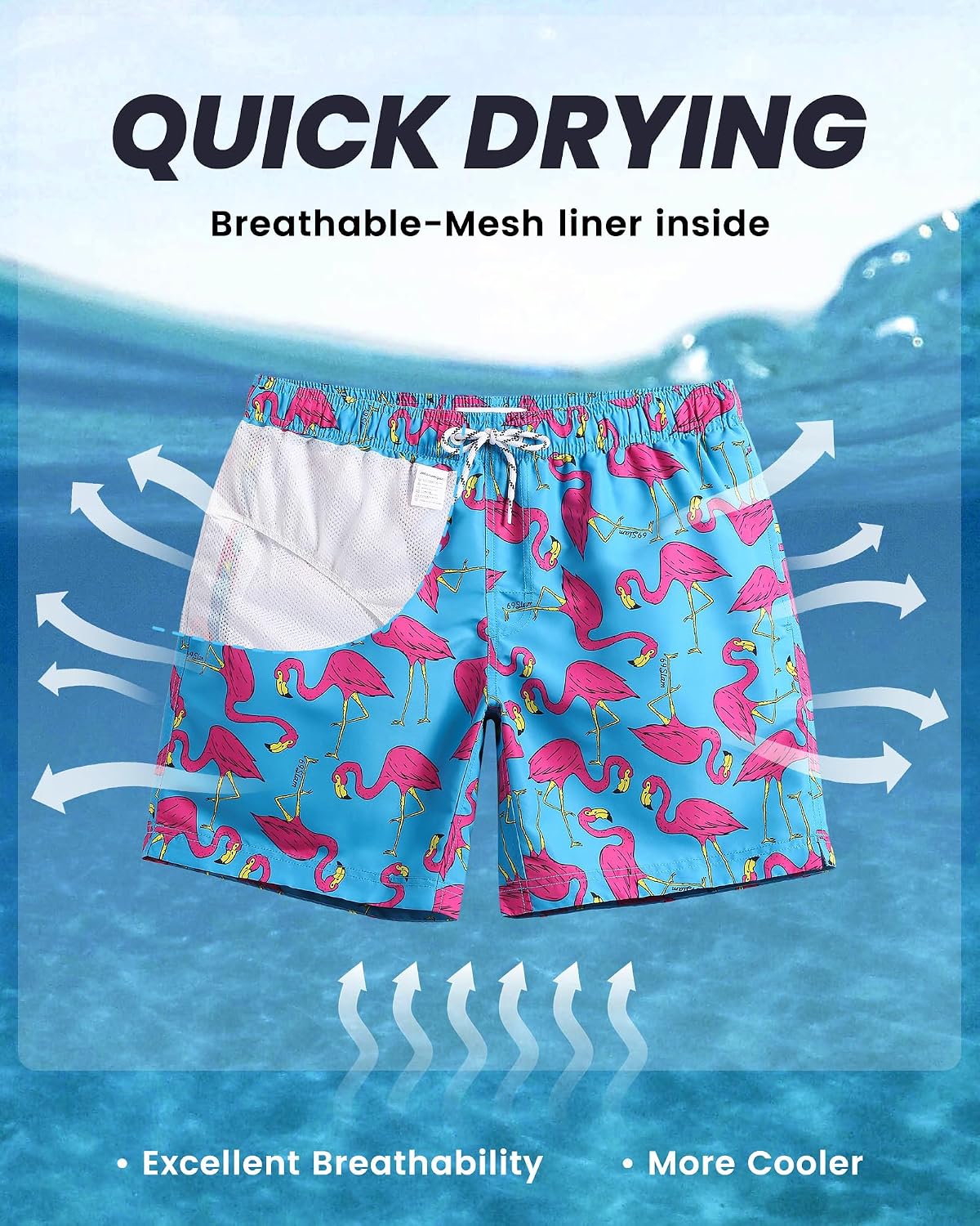 Detalle de MaaMgic men’s quick-dry swimming shorts with mesh lining and drawstring waist
