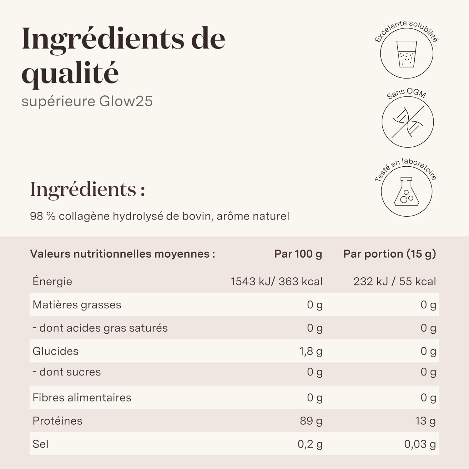 Thumbnail 5 de Collagène en poudre Vanille Glow25® [450g] – L'Original, Hydrolysat premium de peptides Type 1 et 3