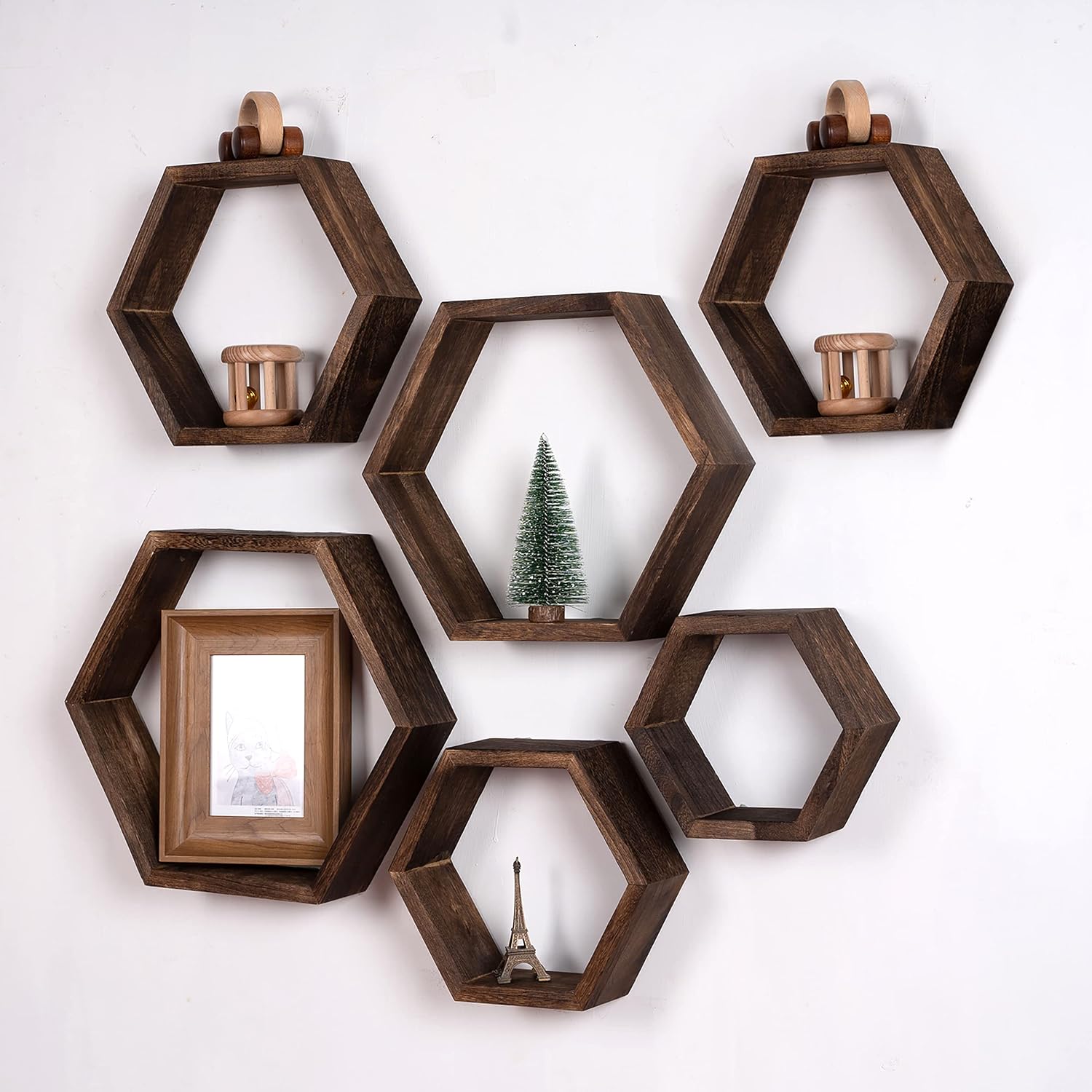 Thumbnail 6 de WONFUlity sechseckige Holz-Wandregale (6er-Set) im Landhausstil