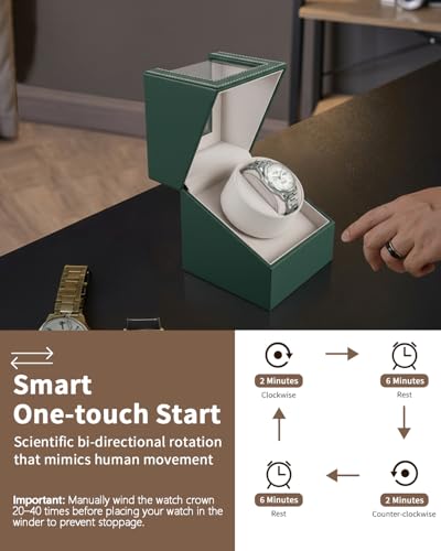 Thumbnail 2 de TOPWAY Automatic Single Watch Winder with Green Leather Box and Quiet Japanese Motor