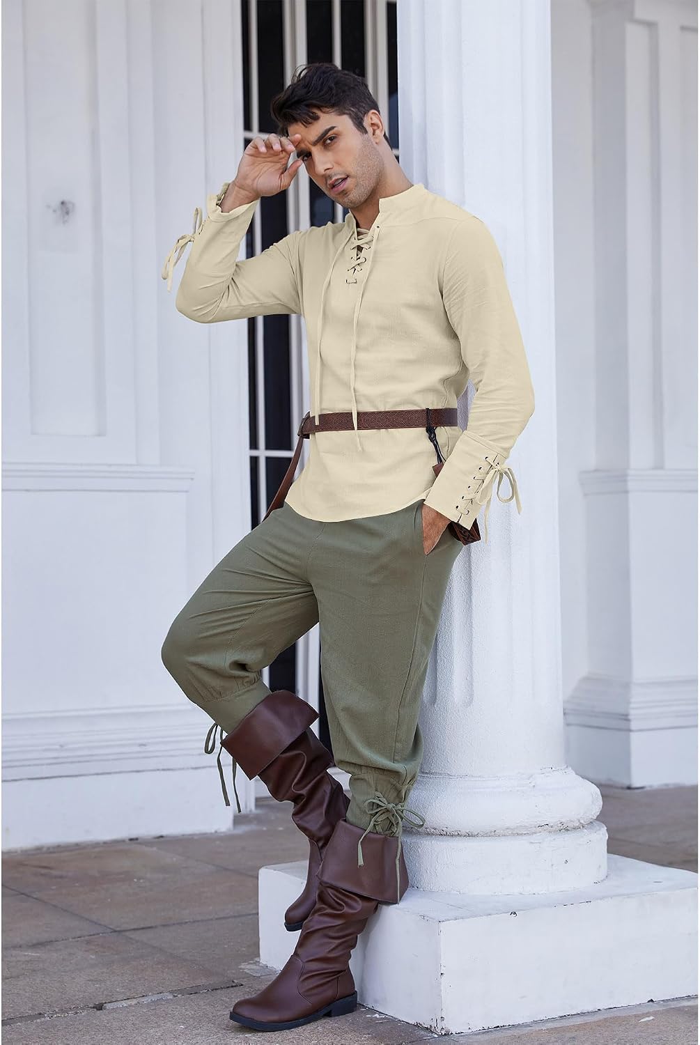 Detalle de Chemise médiévale à lacets en lin coton pour homme – YAOBAOLE