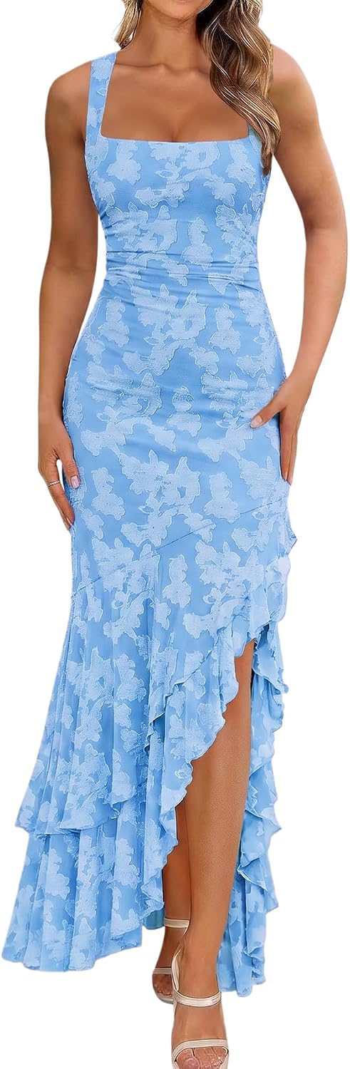 Detalle de BORIFLORS Women's Elegant Ruched Floral Maxi Dress Mesh Mermaid Ruffle