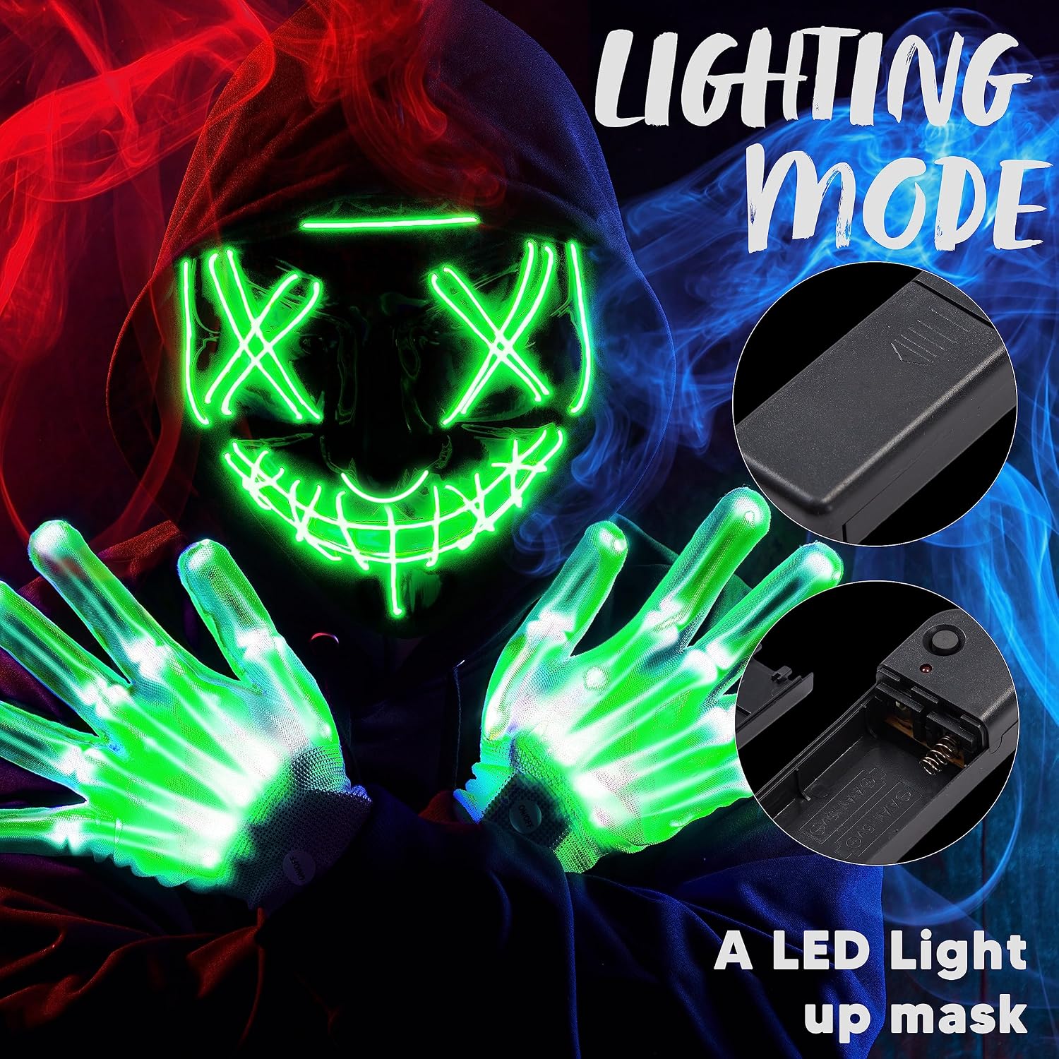 Thumbnail 3 de JOYIN Halloween LED Mask and Gloves, Green, 3 Flashing Modes