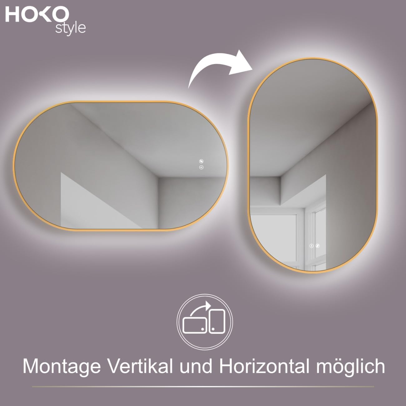 Thumbnail 4 de HOKO Specchio-Parete Luminoso Ovale Antiappannamento 45x75 cm / 75x45 cm con Cornice Dorata e LED regolabili