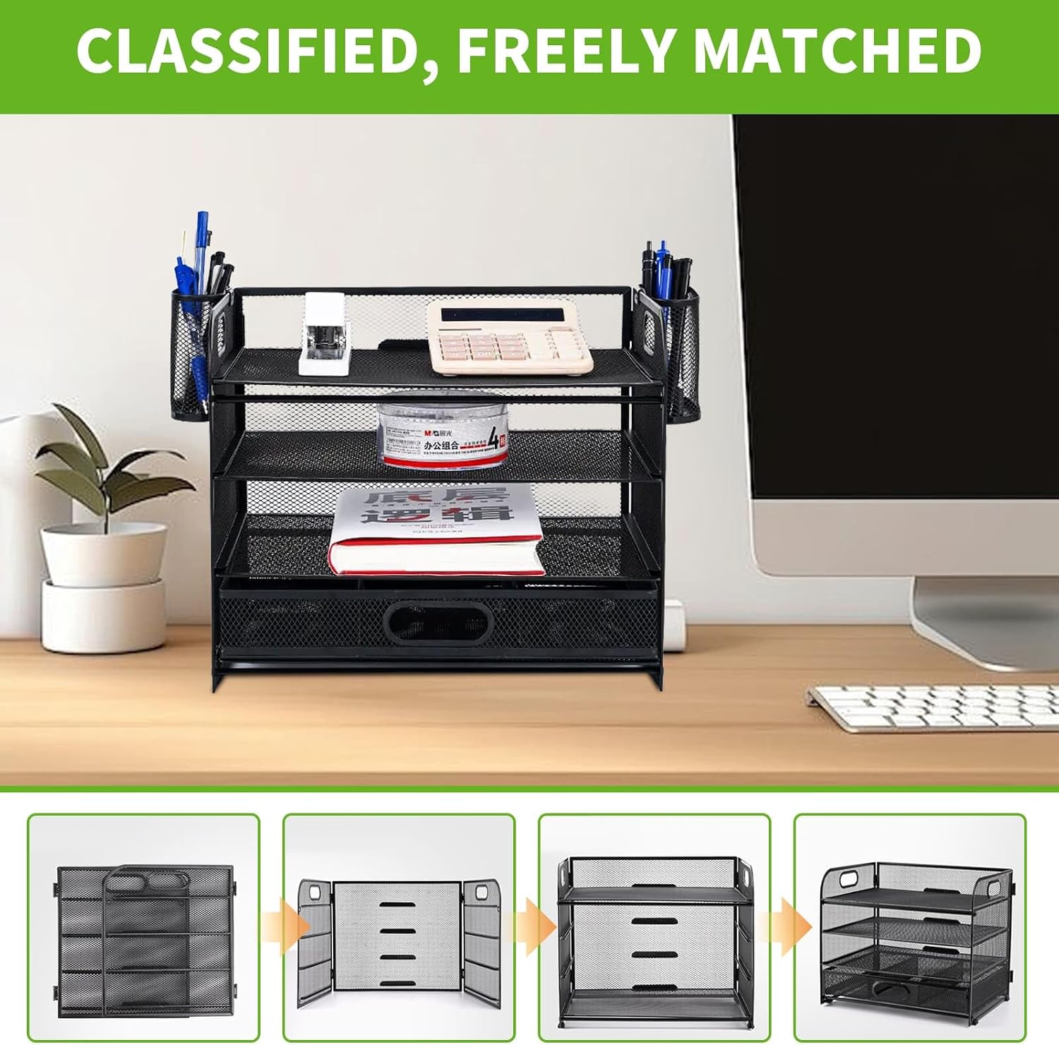 Thumbnail 6 de Mesh Letter Tray Organiser 4-Layer with 2 Pen Holders and 1 Drawer