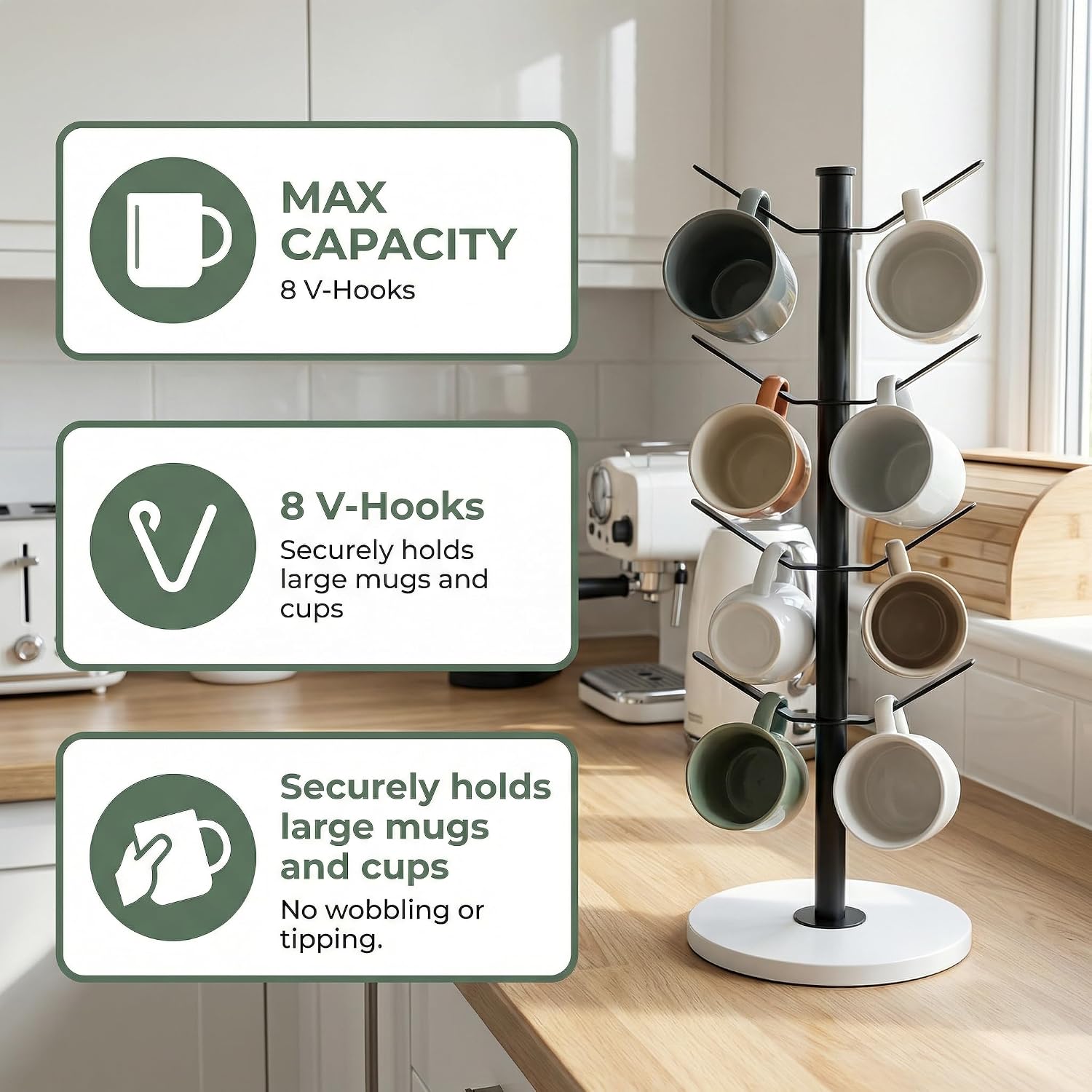 Detalle de Vurixfo Marble Mug Tree Stand: 8-Hook, Stable Marble Base, Adjustable Stainless Steel Holder