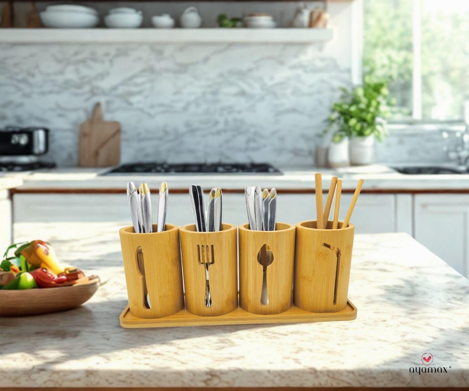 Thumbnail 6 de AYAMAX AYA201 Bamboo Cutlery Holder with 4 Pots and Tray