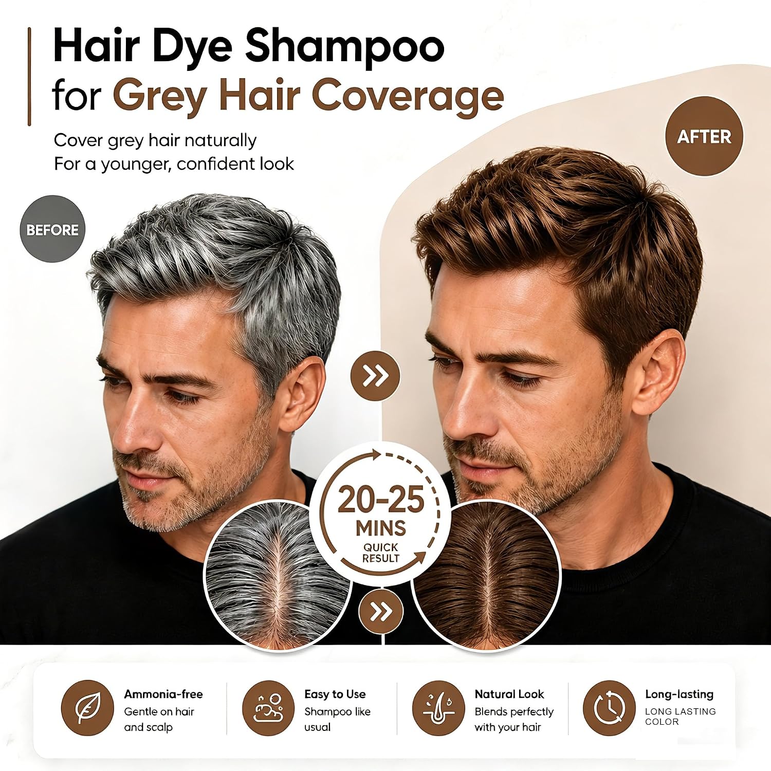 Detalle 2 de Dunkelbraun Haarfärbeshampoo 500 ml – 3in1 gegen graue Haare, für Männer und Frauen