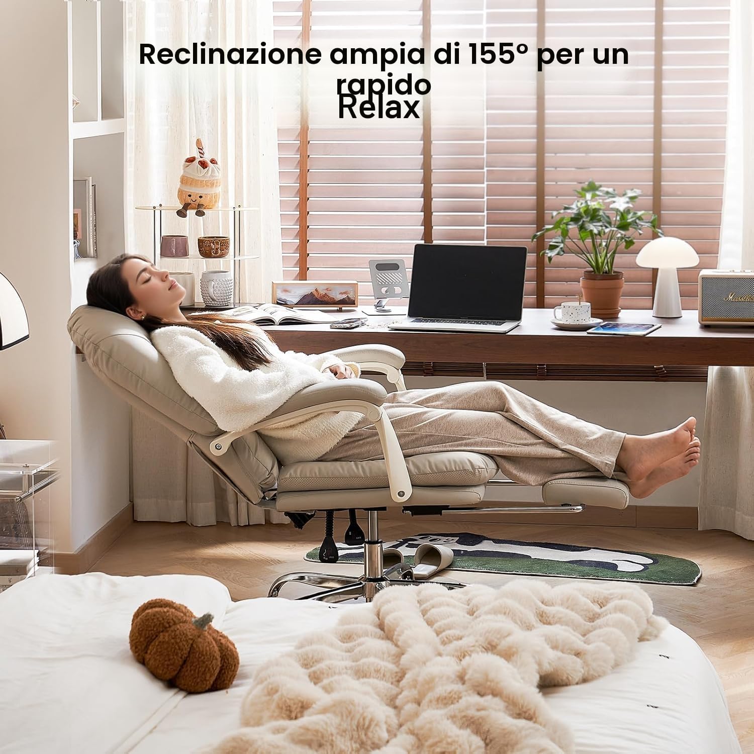 Thumbnail 3 de EMIAH sedia da ufficio ergonomica reclinabile con poggiapiedi in pelle PU, beige